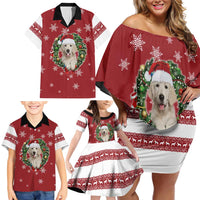 Golden Retriever Christmas Family Matching Off Shoulder Short Dress and Hawaiian Shirt with Santa Hat Wreath and Snowflake Design - Wonder Print Shop