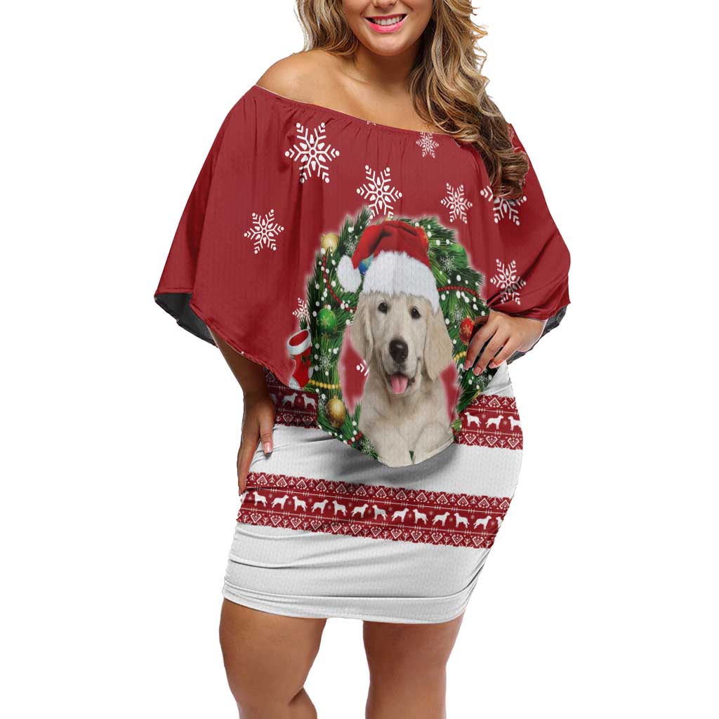 Golden Retriever Christmas Family Matching Off Shoulder Short Dress and Hawaiian Shirt with Santa Hat Wreath and Snowflake Design - Wonder Print Shop