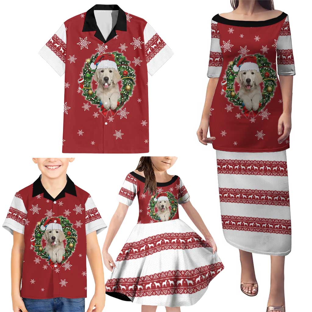 Golden Retriever Christmas Family Matching Puletasi and Hawaiian Shirt with Santa Hat Wreath and Snowflake Design - Wonder Print Shop