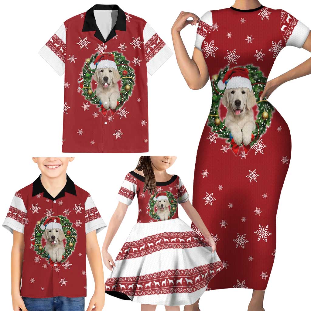 Golden Retriever Christmas Family Matching Short Sleeve Bodycon Dress and Hawaiian Shirt with Santa Hat Wreath and Snowflake Design - Wonder Print Shop