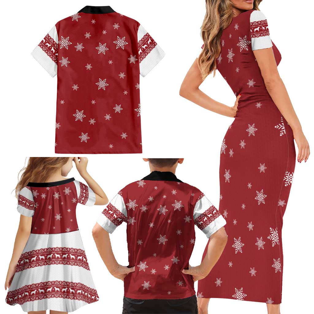 Golden Retriever Christmas Family Matching Short Sleeve Bodycon Dress and Hawaiian Shirt with Santa Hat Wreath and Snowflake Design - Wonder Print Shop