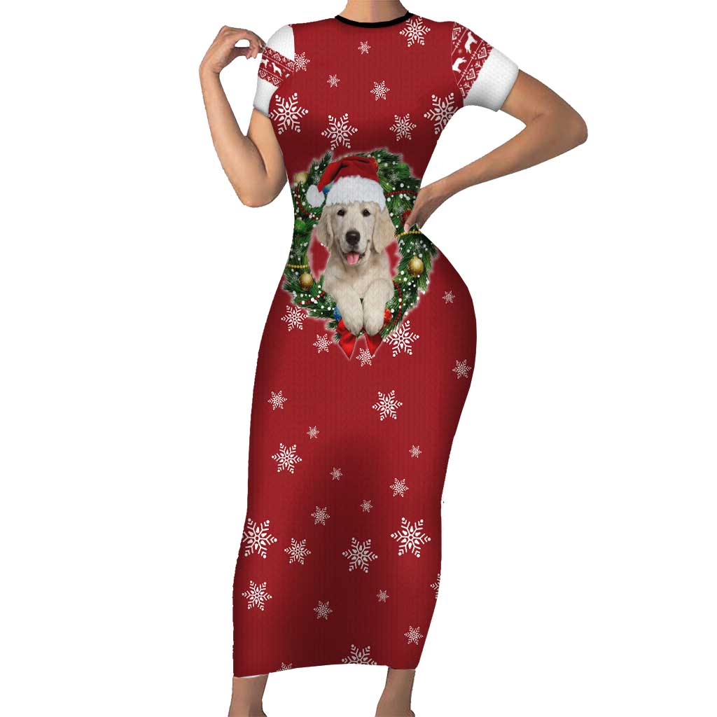 Golden Retriever Christmas Family Matching Short Sleeve Bodycon Dress and Hawaiian Shirt with Santa Hat Wreath and Snowflake Design - Wonder Print Shop