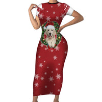 Golden Retriever Christmas Family Matching Short Sleeve Bodycon Dress and Hawaiian Shirt with Santa Hat Wreath and Snowflake Design - Wonder Print Shop