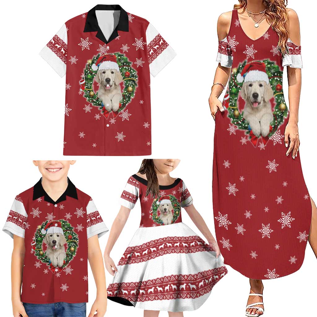 Golden Retriever Christmas Family Matching Summer Maxi Dress and Hawaiian Shirt with Santa Hat Wreath and Snowflake Design - Wonder Print Shop
