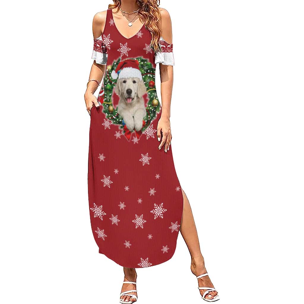Golden Retriever Christmas Family Matching Summer Maxi Dress and Hawaiian Shirt with Santa Hat Wreath and Snowflake Design - Wonder Print Shop
