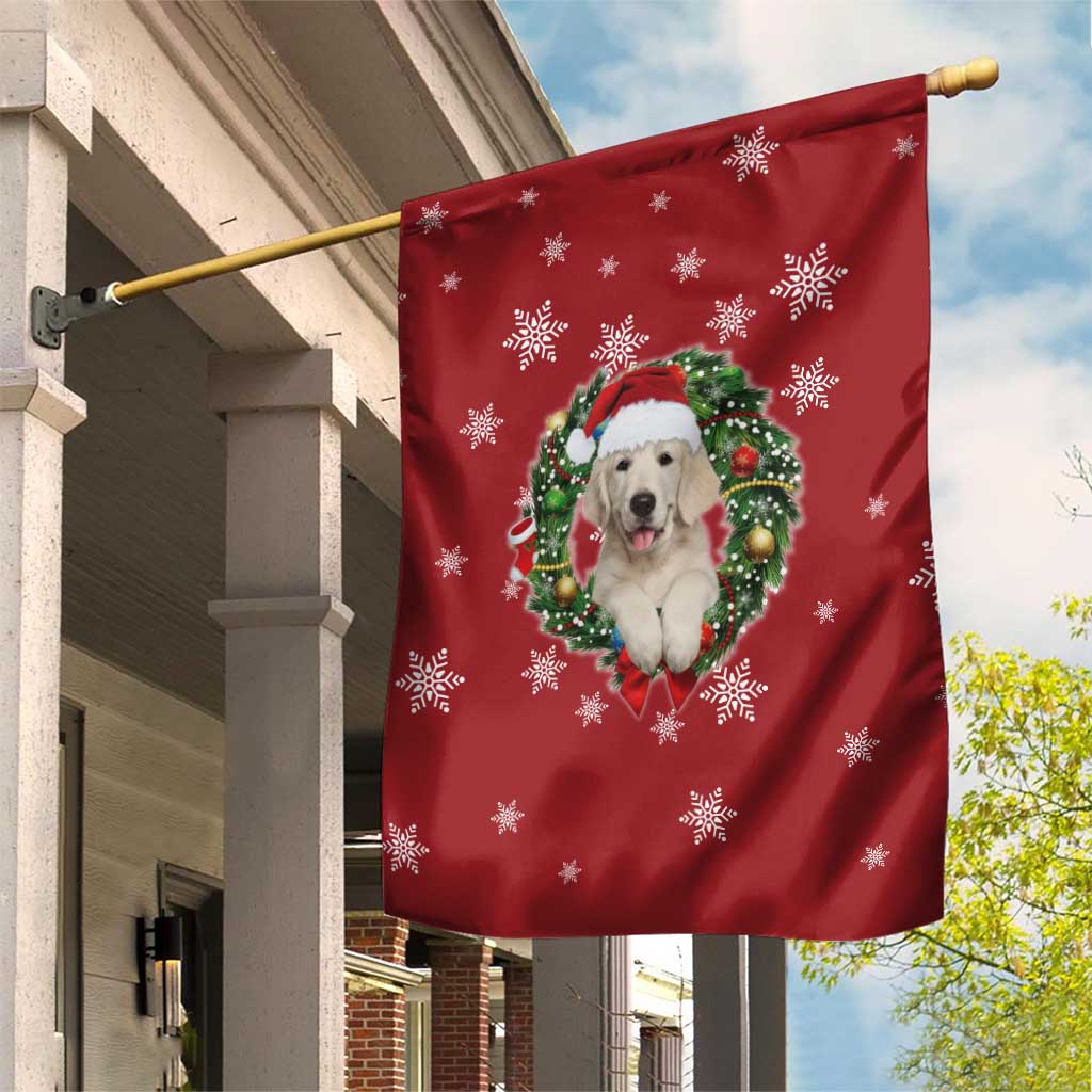 Golden Retriever Christmas Garden Flag with Santa Hat Wreath and Snowflake Design - Wonder Print Shop