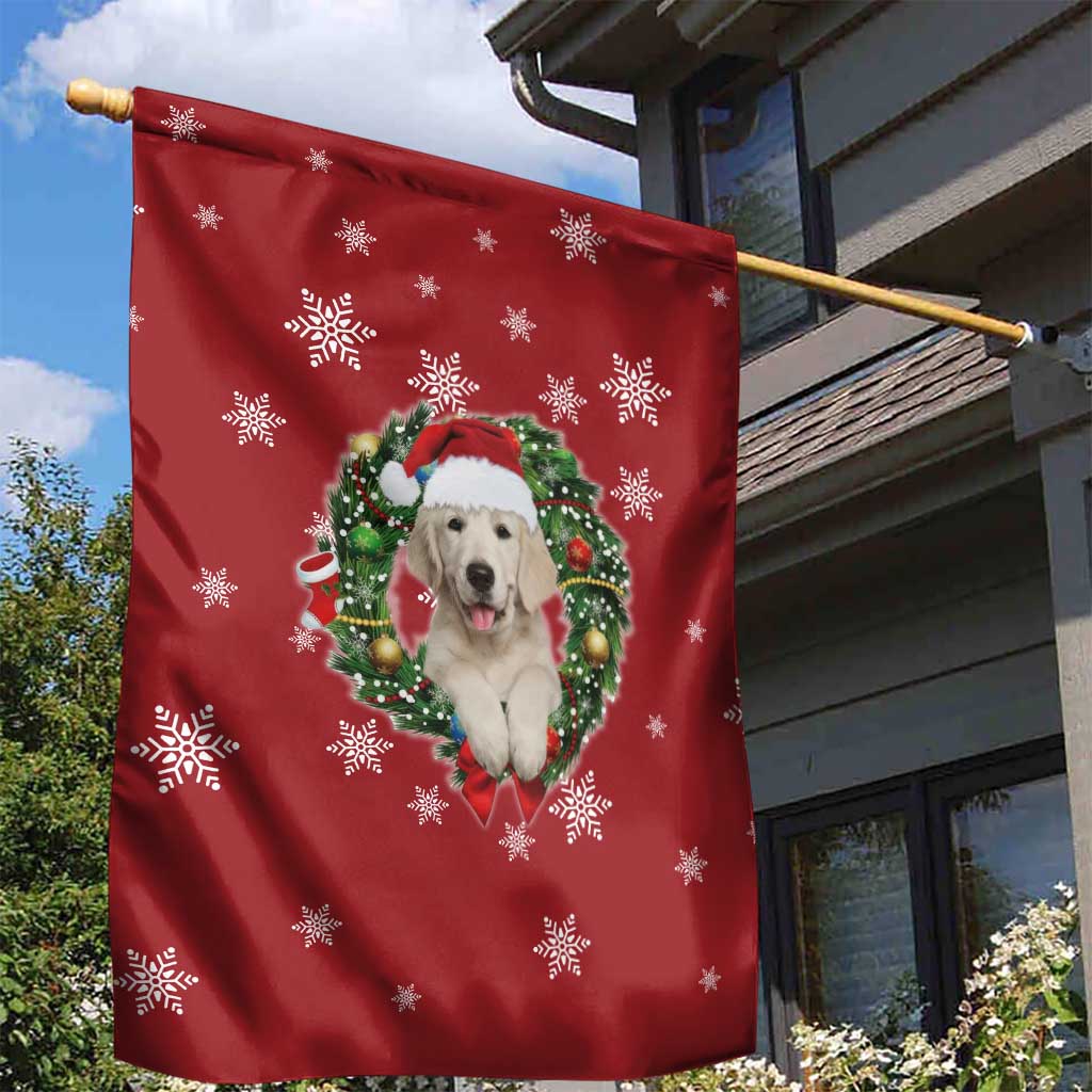 Golden Retriever Christmas Garden Flag with Santa Hat Wreath and Snowflake Design - Wonder Print Shop