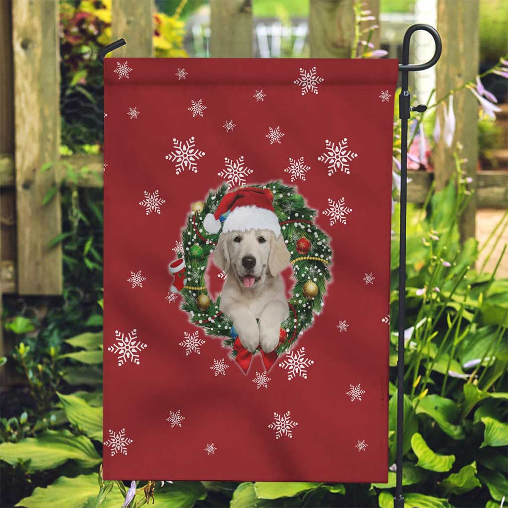 Golden Retriever Christmas Garden Flag with Santa Hat Wreath and Snowflake Design - Wonder Print Shop