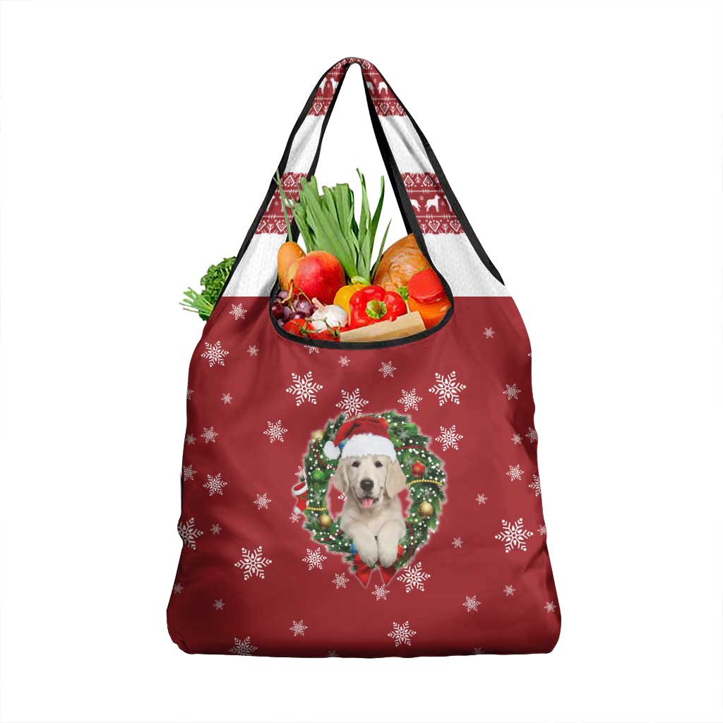Golden Retriever Christmas Grocery Bag with Santa Hat Wreath and Snowflake Design - Wonder Print Shop