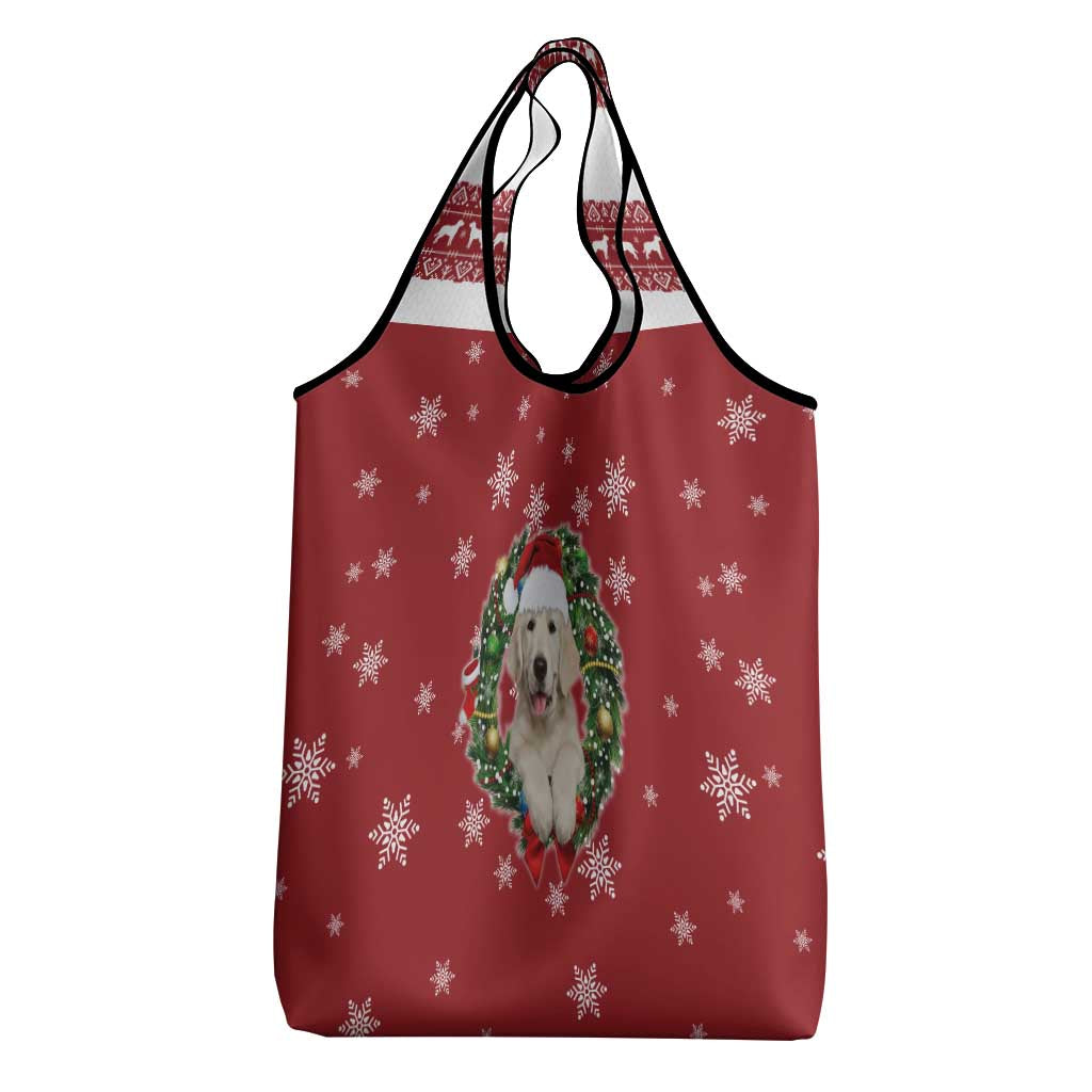 Golden Retriever Christmas Grocery Bag with Santa Hat Wreath and Snowflake Design - Wonder Print Shop