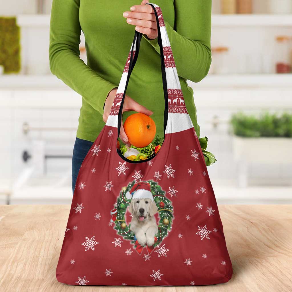 Golden Retriever Christmas Grocery Bag with Santa Hat Wreath and Snowflake Design - Wonder Print Shop