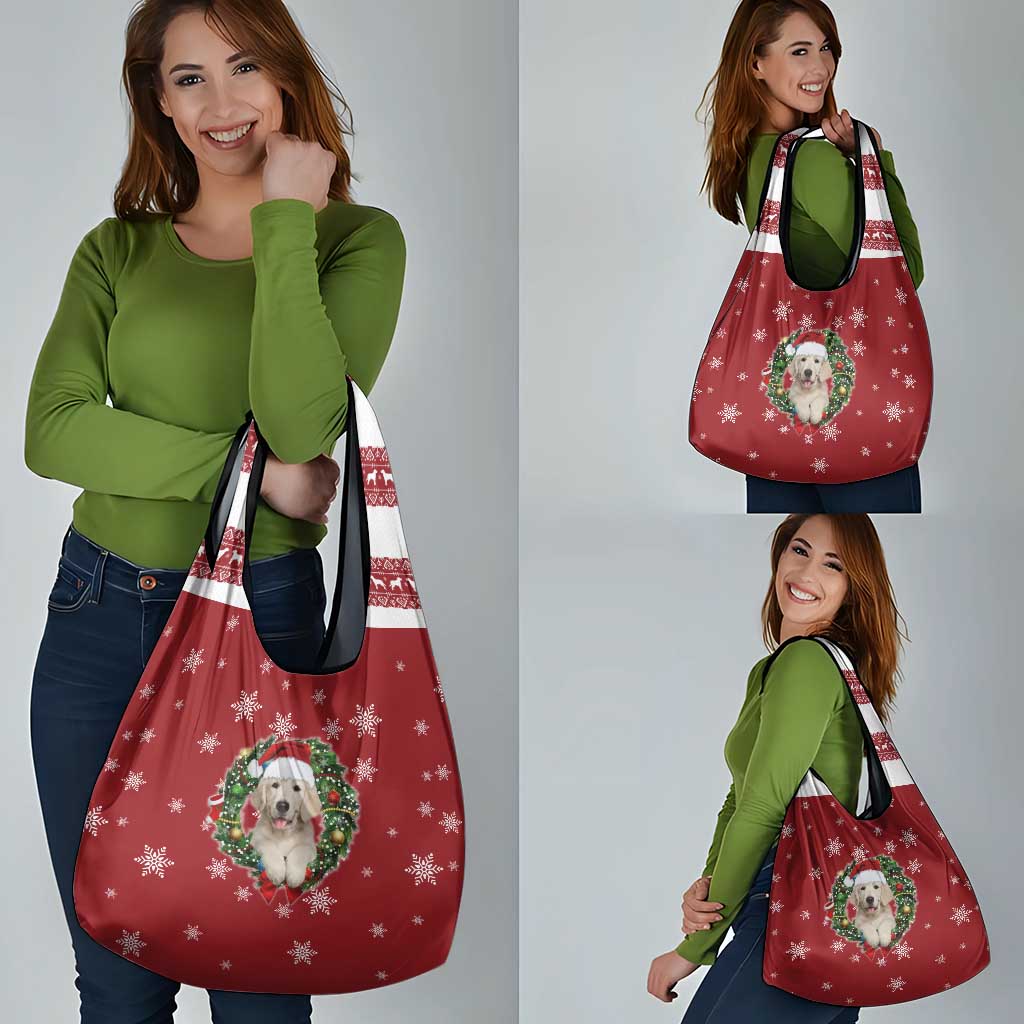 Golden Retriever Christmas Grocery Bag with Santa Hat Wreath and Snowflake Design - Wonder Print Shop