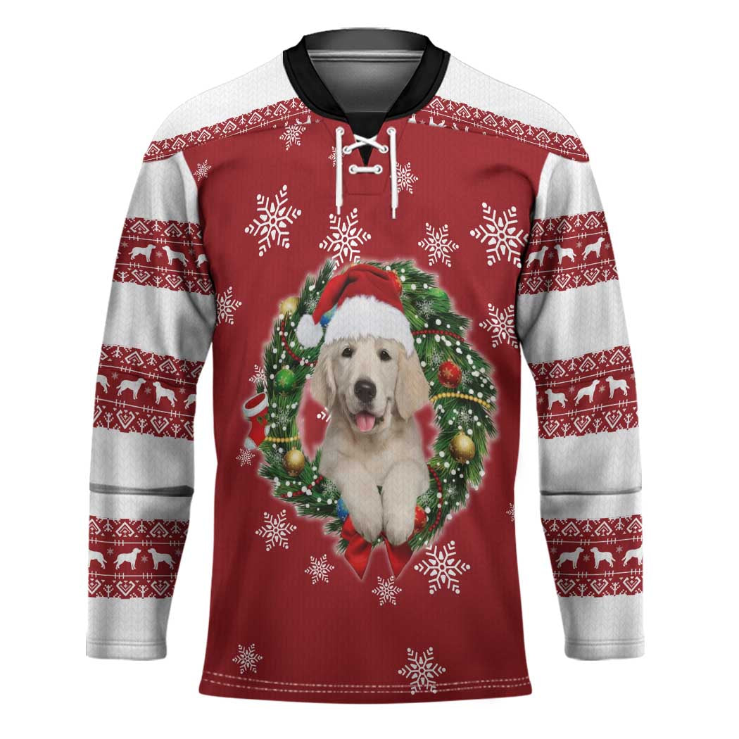 Golden Retriever Christmas Hockey Jersey with Santa Hat Wreath and Snowflake Design - Wonder Print Shop