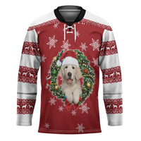 Golden Retriever Christmas Hockey Jersey with Santa Hat Wreath and Snowflake Design - Wonder Print Shop