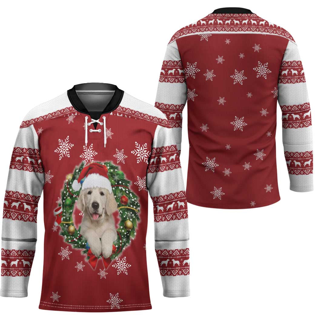 Golden Retriever Christmas Hockey Jersey with Santa Hat Wreath and Snowflake Design - Wonder Print Shop