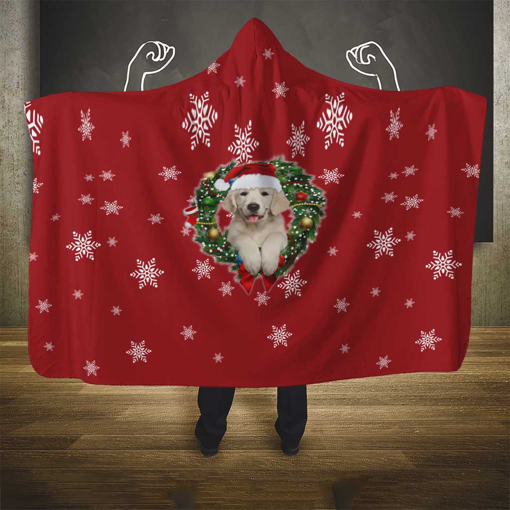 Golden Retriever Christmas Hooded Blanket with Santa Hat Wreath and Snowflake Design - Wonder Print Shop