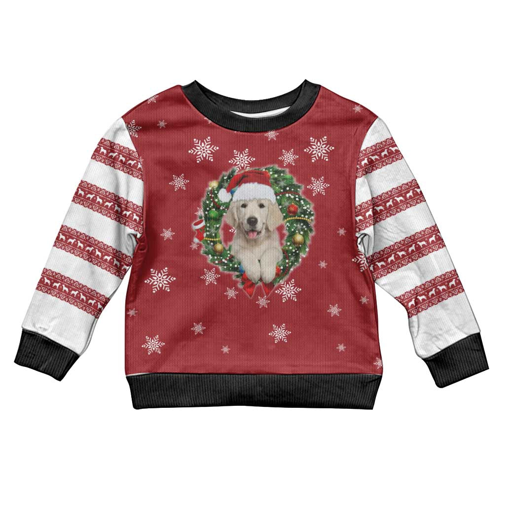 Golden Retriever Christmas Kid Ugly Christmas Sweater with Santa Hat Wreath and Snowflake Design - Wonder Print Shop