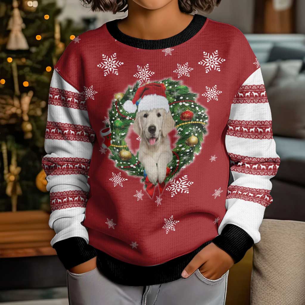 Golden Retriever Christmas Kid Ugly Christmas Sweater with Santa Hat Wreath and Snowflake Design - Wonder Print Shop