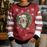 Golden Retriever Christmas Kid Ugly Christmas Sweater with Santa Hat Wreath and Snowflake Design - Wonder Print Shop