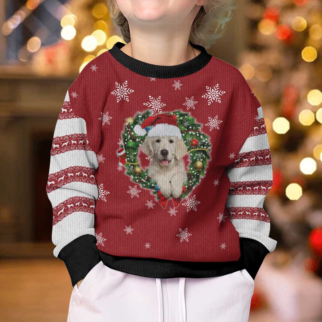 Golden Retriever Christmas Kid Ugly Christmas Sweater with Santa Hat Wreath and Snowflake Design - Wonder Print Shop