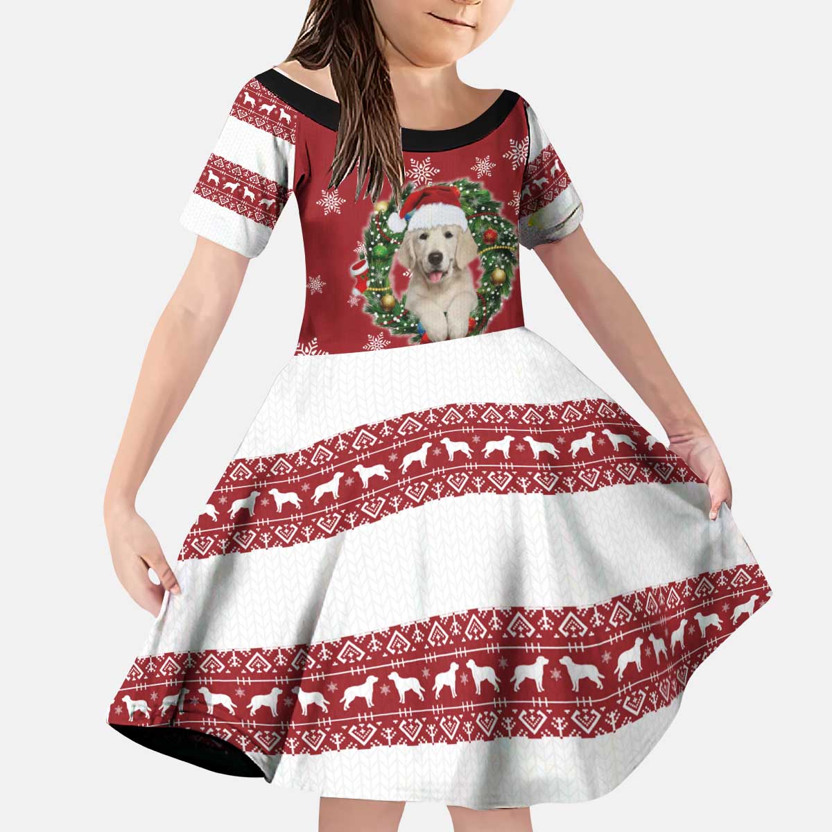 Golden Retriever Christmas Kid Short Sleeve Dress with Santa Hat Wreath and Snowflake Design - Wonder Print Shop