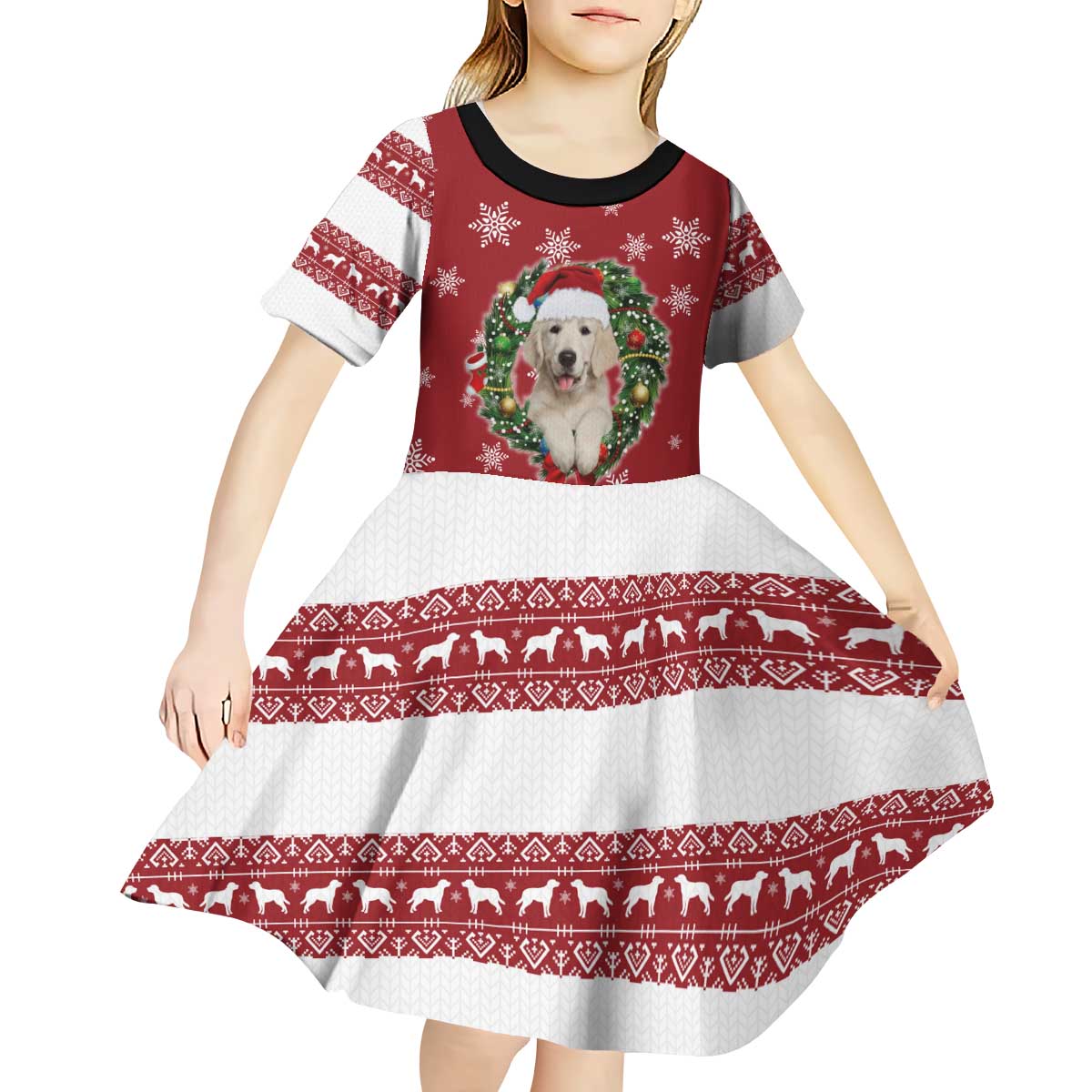 Golden Retriever Christmas Kid Short Sleeve Dress with Santa Hat Wreath and Snowflake Design - Wonder Print Shop