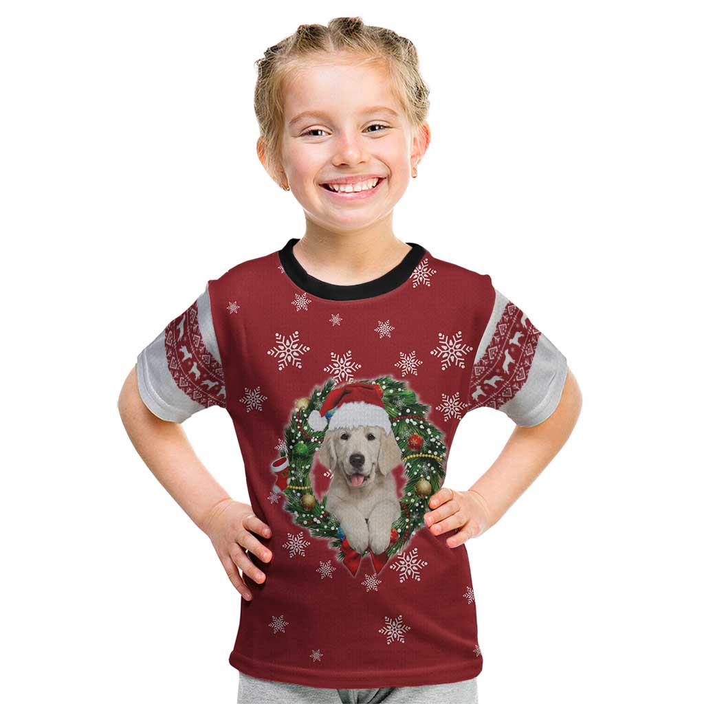 Golden Retriever Christmas Kid T Shirt with Santa Hat Wreath and Snowflake Design - Wonder Print Shop