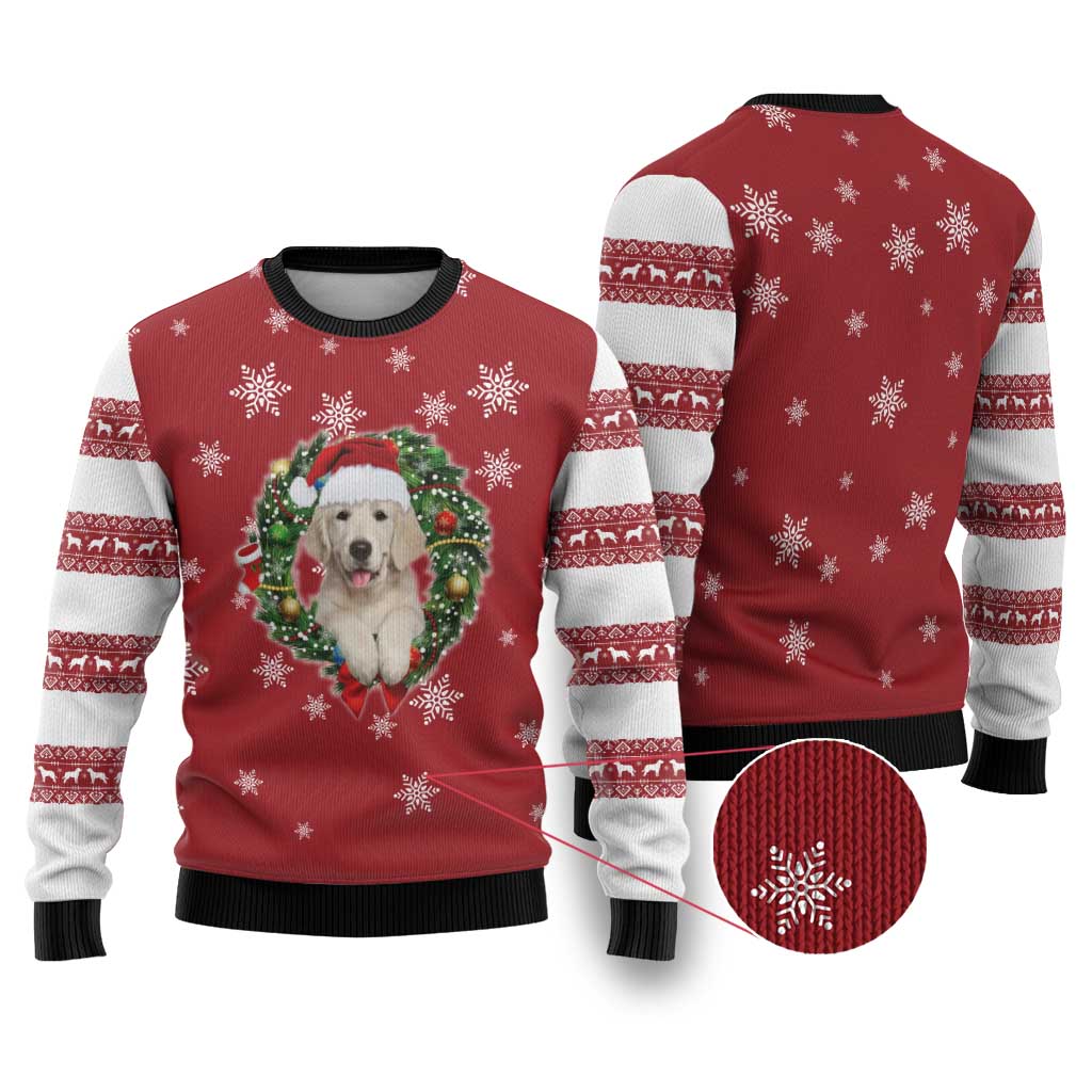 Golden Retriever Christmas Ugly Christmas Sweater with Santa Hat Wreath and Snowflake Design - Wonder Print Shop
