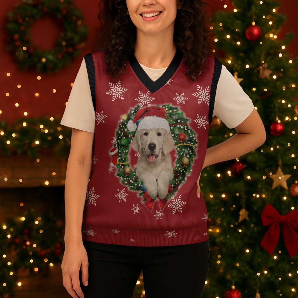 Golden Retriever Christmas Knitted V-Neck Vest with Santa Hat Wreath and Snowflake Design - Wonder Print Shop