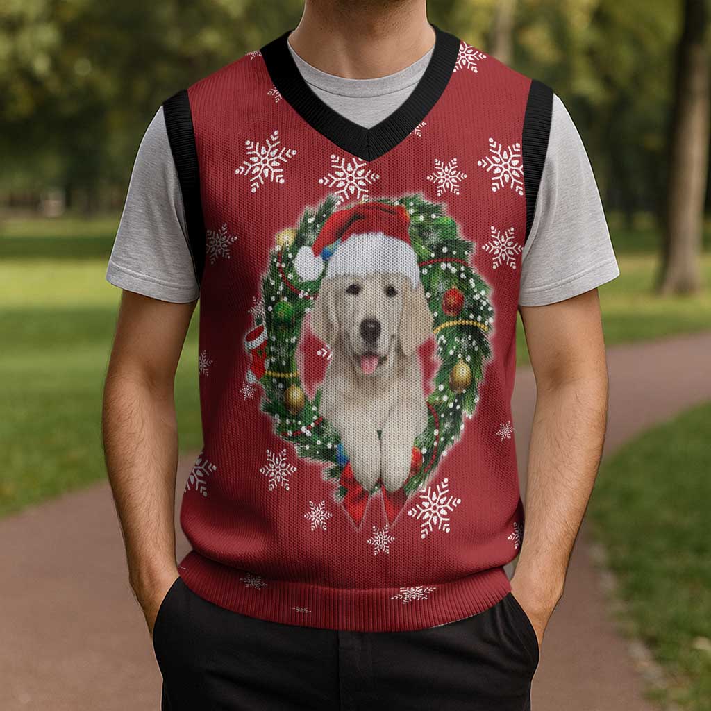 Golden Retriever Christmas Knitted V-Neck Vest with Santa Hat Wreath and Snowflake Design - Wonder Print Shop