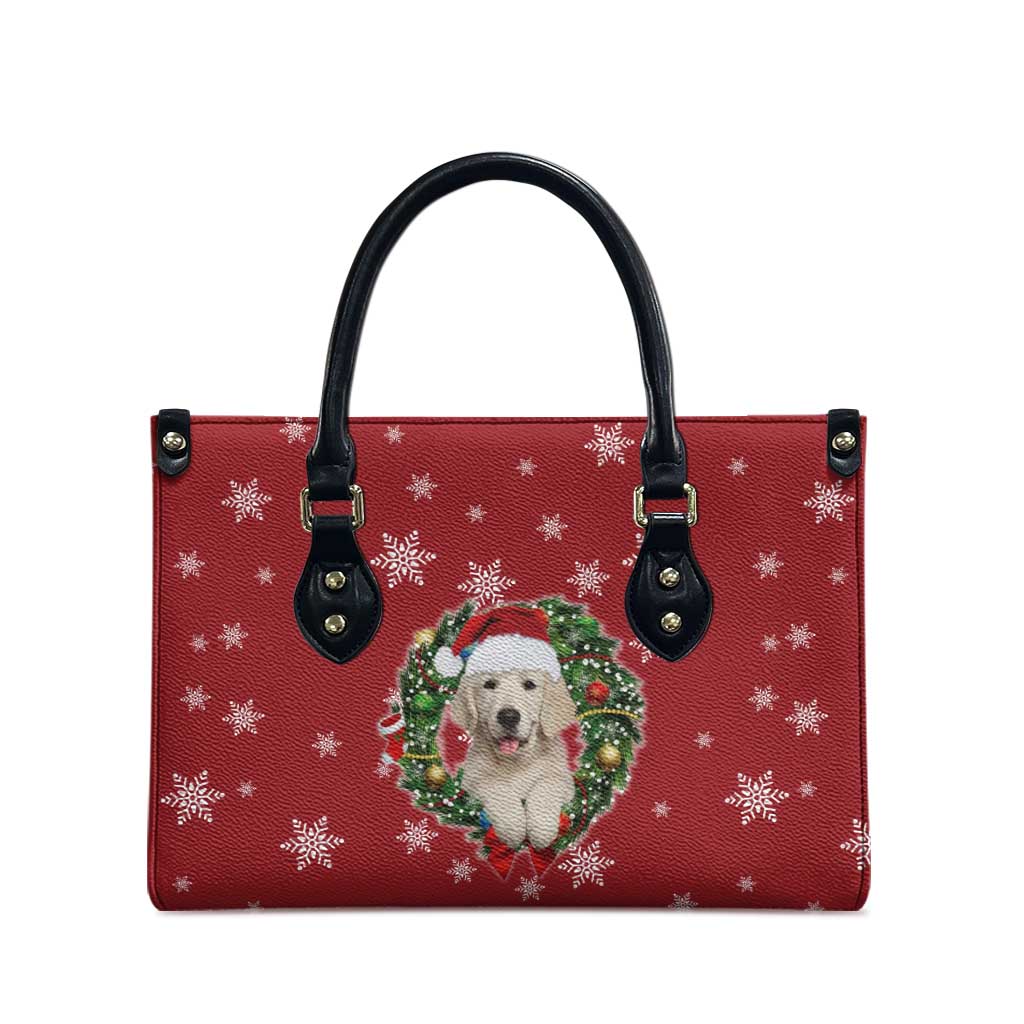 Golden Retriever Christmas Leather Bag with Santa Hat Wreath and Snowflake Design - Wonder Print Shop