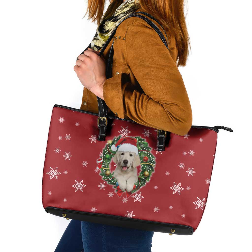 Golden Retriever Christmas Leather Tote Bag with Santa Hat Wreath and Snowflake Design - Wonder Print Shop