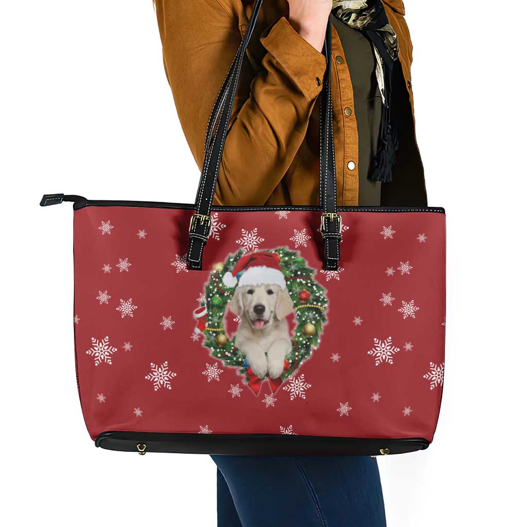 Golden Retriever Christmas Leather Tote Bag with Santa Hat Wreath and Snowflake Design - Wonder Print Shop