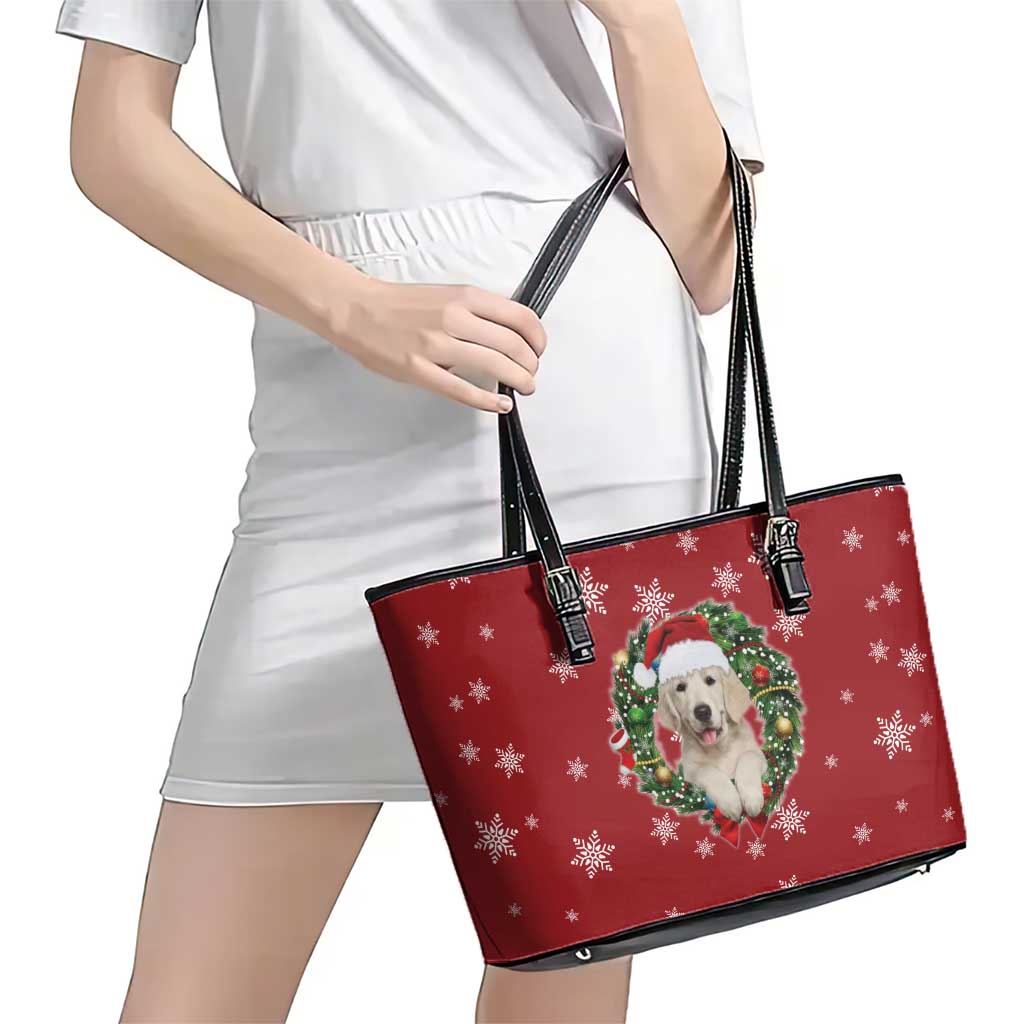 Golden Retriever Christmas Leather Tote Bag with Santa Hat Wreath and Snowflake Design - Wonder Print Shop