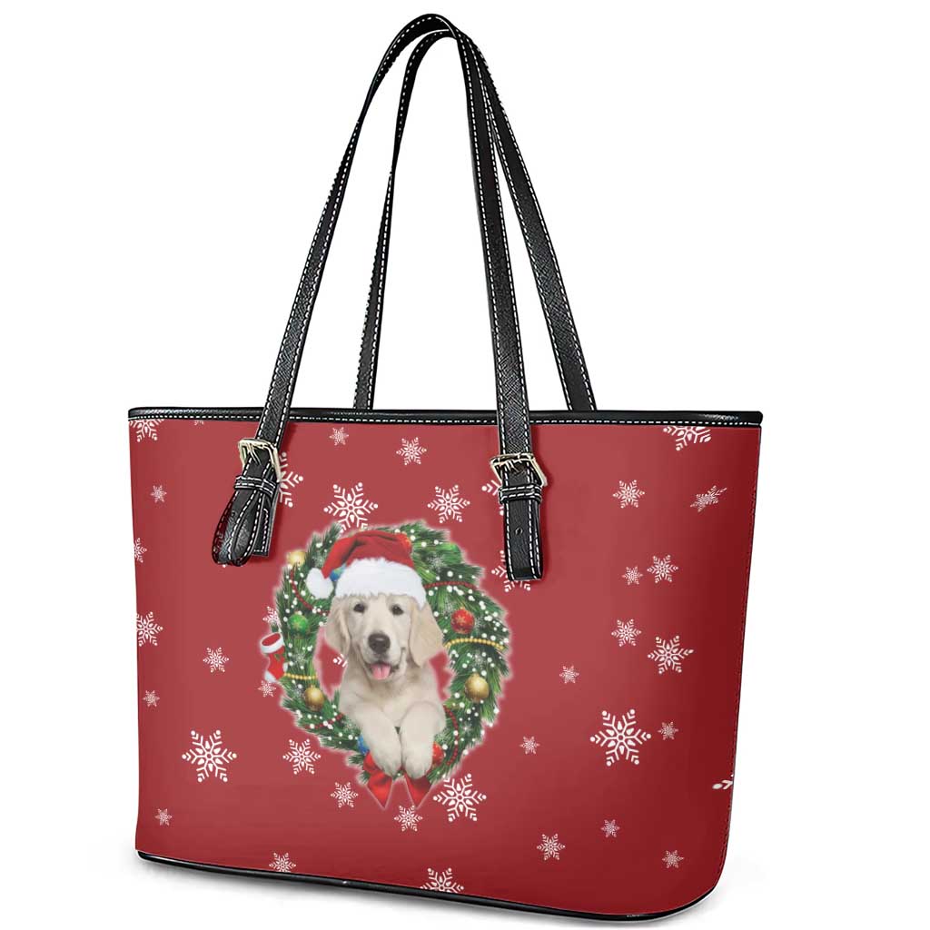 Golden Retriever Christmas Leather Tote Bag with Santa Hat Wreath and Snowflake Design - Wonder Print Shop
