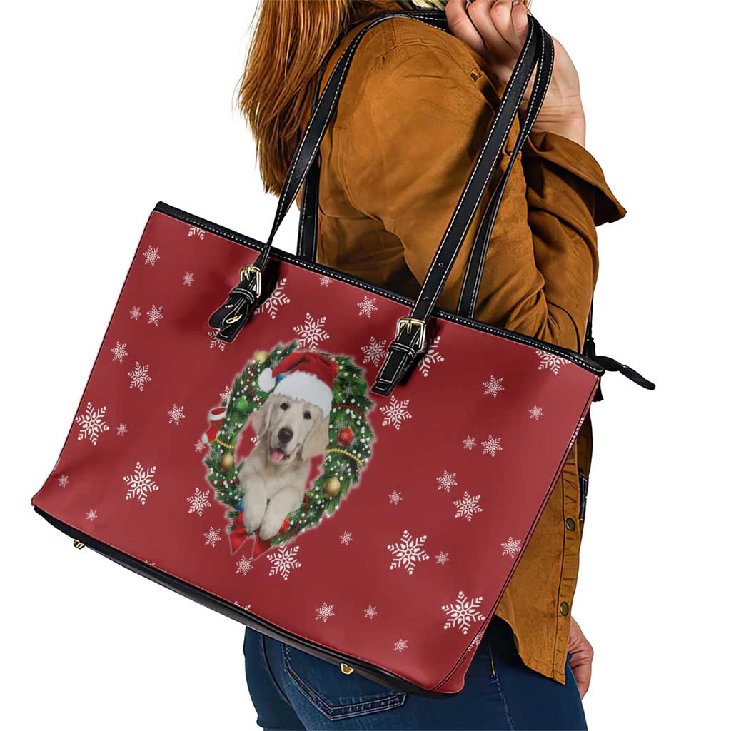 Golden Retriever Christmas Leather Tote Bag with Santa Hat Wreath and Snowflake Design - Wonder Print Shop