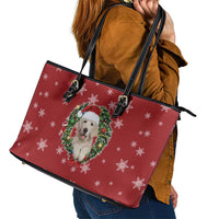 Golden Retriever Christmas Leather Tote Bag with Santa Hat Wreath and Snowflake Design - Wonder Print Shop