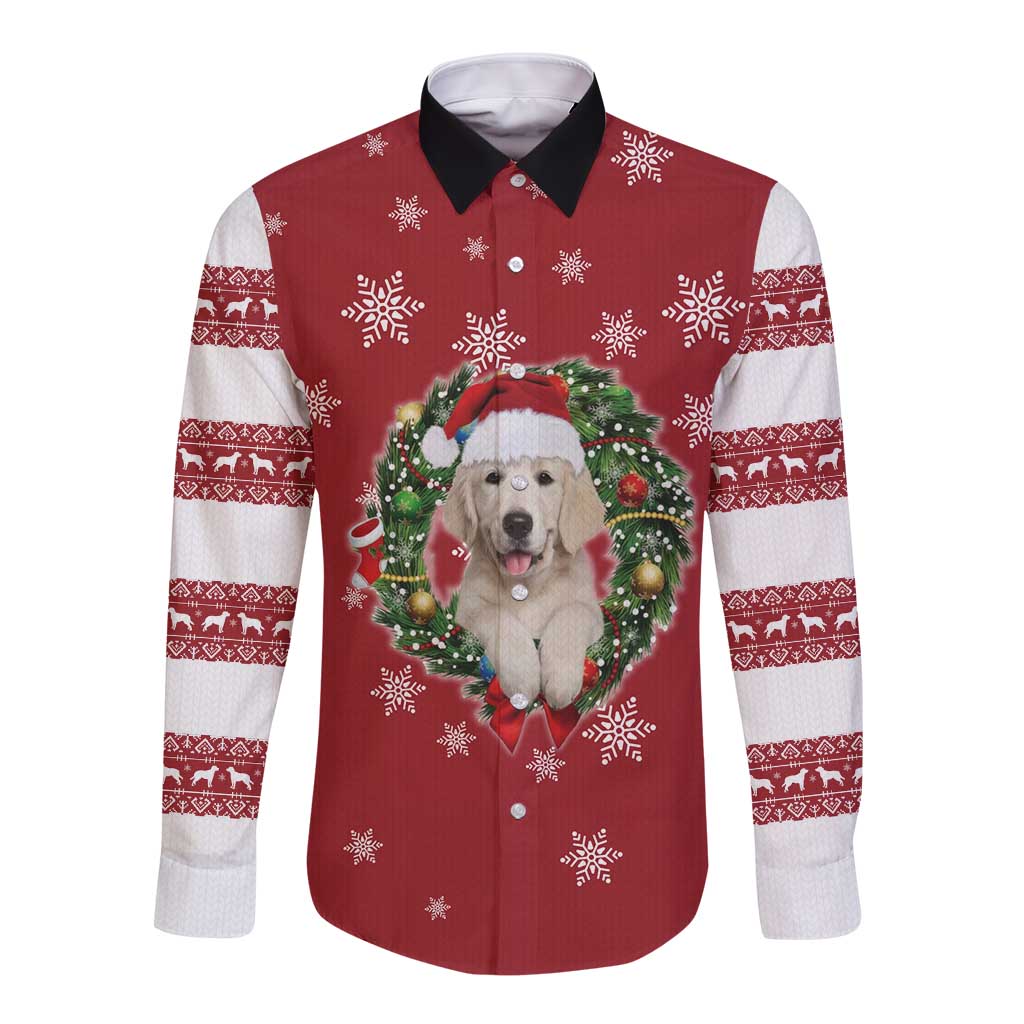 Golden Retriever Christmas Long Sleeve Button Shirt with Santa Hat Wreath and Snowflake Design - Wonder Print Shop
