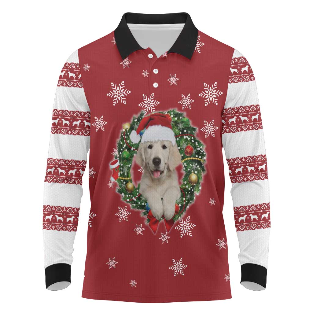 Golden Retriever Christmas Long Sleeve Polo Shirt with Santa Hat Wreath and Snowflake Design - Wonder Print Shop