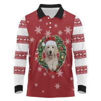 Golden Retriever Christmas Long Sleeve Polo Shirt with Santa Hat Wreath and Snowflake Design - Wonder Print Shop