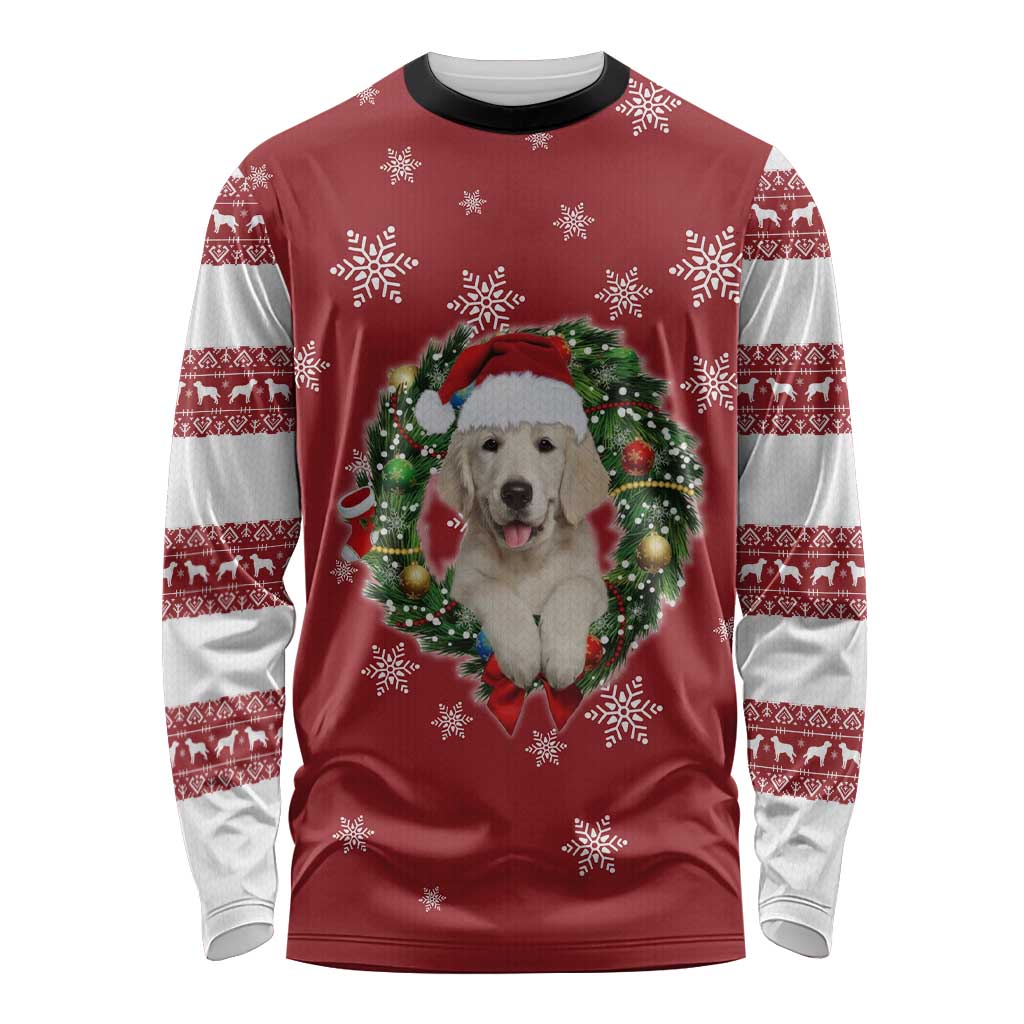 Golden Retriever Christmas Long Sleeve Shirt with Santa Hat Wreath and Snowflake Design - Wonder Print Shop