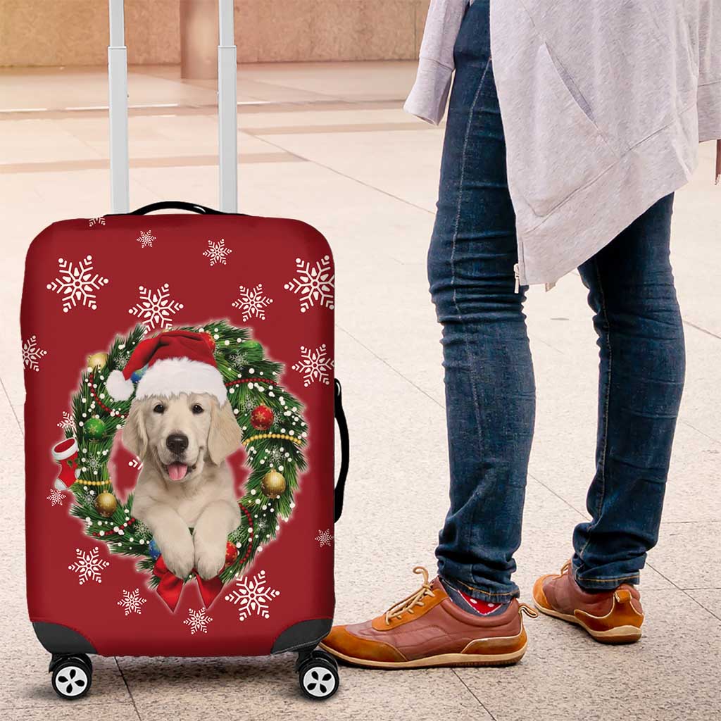 Golden Retriever Christmas Luggage Cover with Santa Hat Wreath and Snowflake Design - Wonder Print Shop