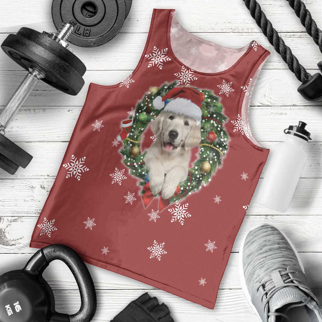 Golden Retriever Christmas Men Tank Top with Santa Hat Wreath and Snowflake Design - Wonder Print Shop