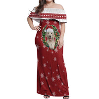 Golden Retriever Christmas Off Shoulder Maxi Dress with Santa Hat Wreath and Snowflake Design - Wonder Print Shop