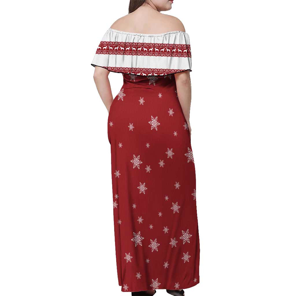 Golden Retriever Christmas Off Shoulder Maxi Dress with Santa Hat Wreath and Snowflake Design - Wonder Print Shop