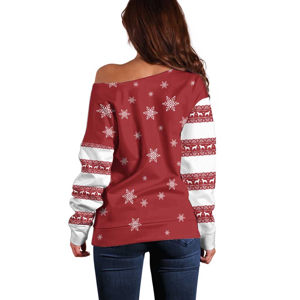 Golden Retriever Christmas Off Shoulder Sweater with Santa Hat Wreath and Snowflake Design - Wonder Print Shop