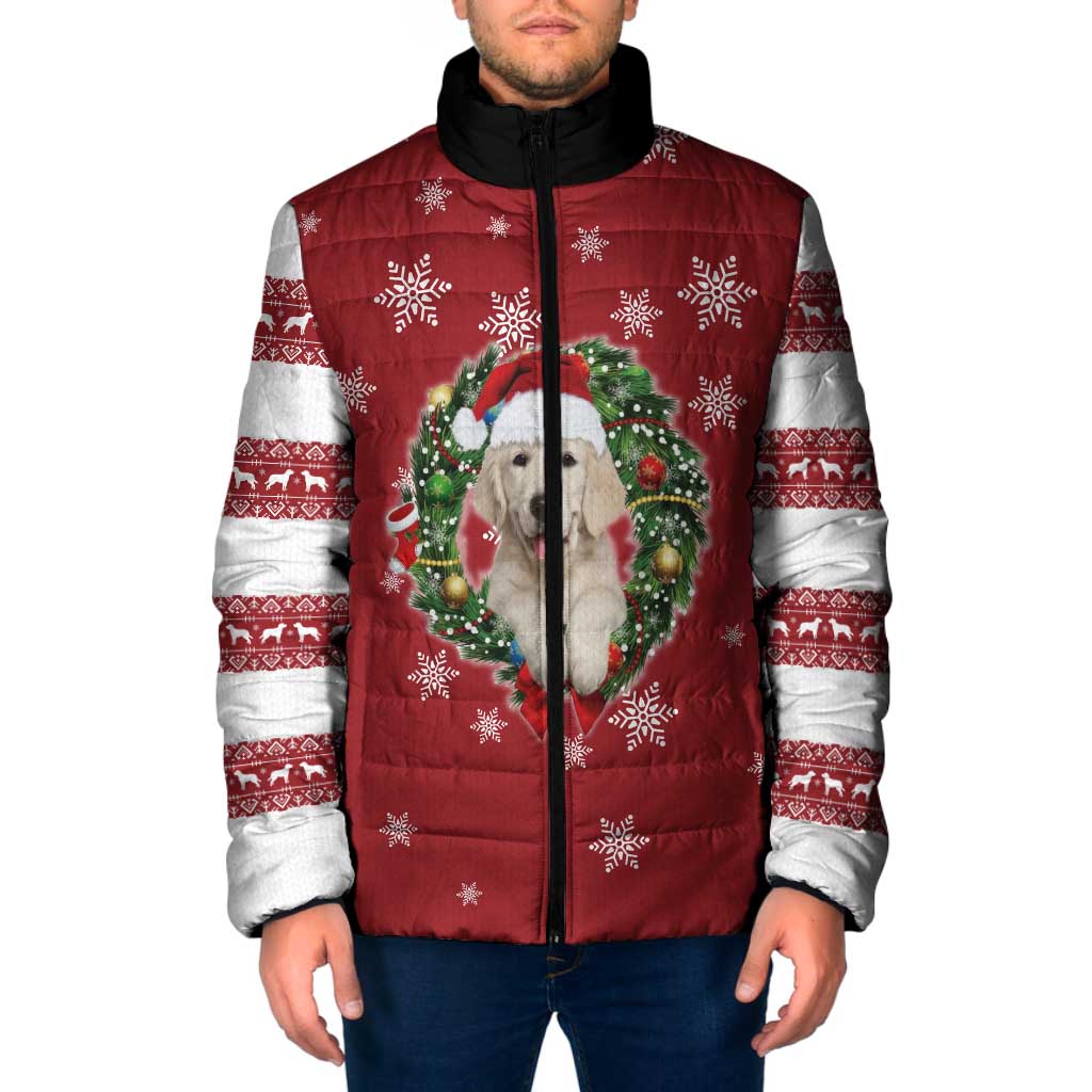 Golden Retriever Christmas Padded Jacket with Santa Hat Wreath and Snowflake Design - Wonder Print Shop