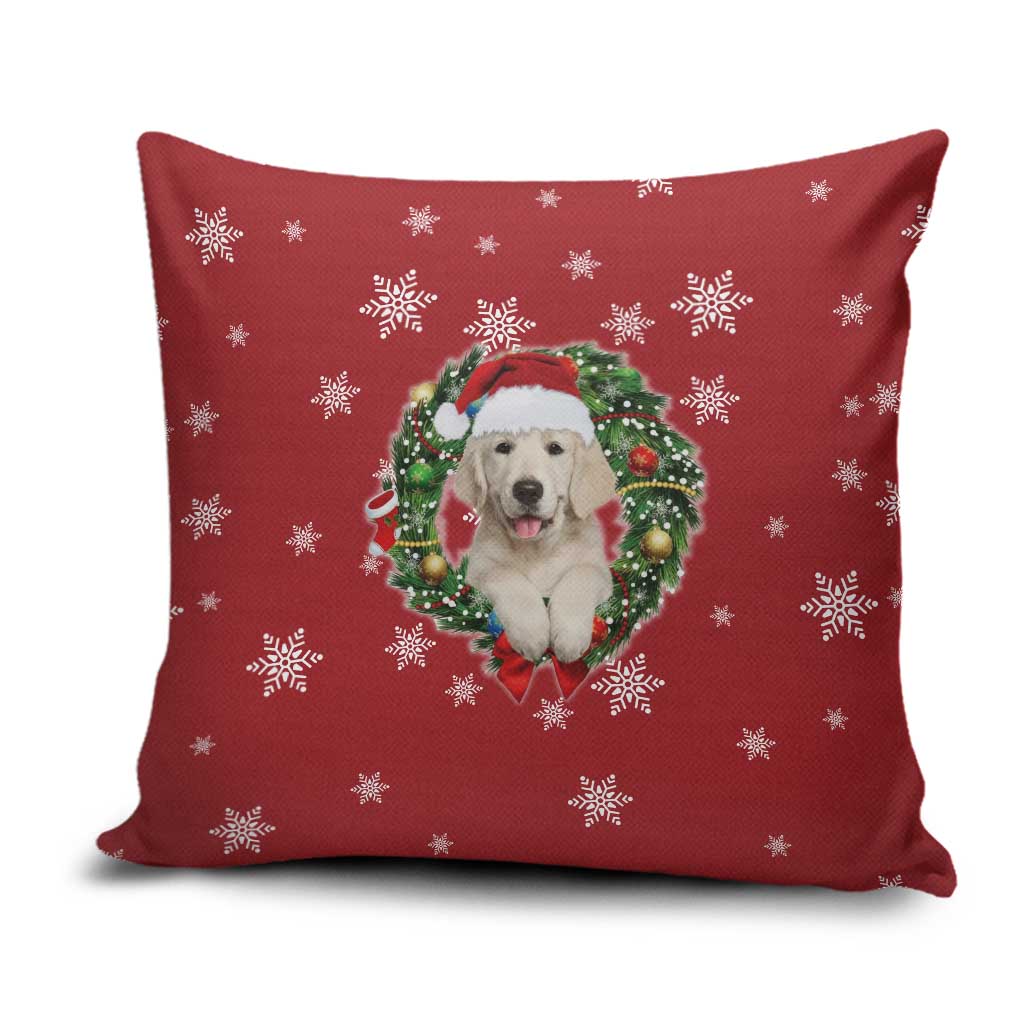 Golden Retriever Christmas Pillow Cover with Santa Hat Wreath and Snowflake Design - Wonder Print Shop
