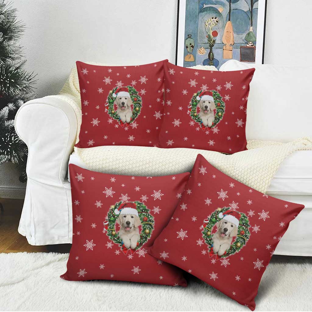 Golden Retriever Christmas Pillow Cover with Santa Hat Wreath and Snowflake Design - Wonder Print Shop