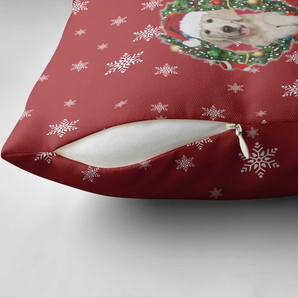 Golden Retriever Christmas Pillow Cover with Santa Hat Wreath and Snowflake Design - Wonder Print Shop